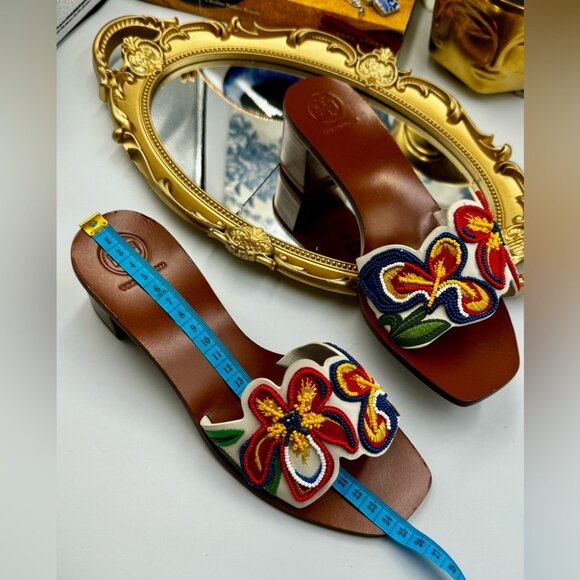 🆕 TORY BURCH 🧿 NWOT Bianca Floral Bead Embellished Slide Sandal - Ivory Multi - Picture 15 of 16